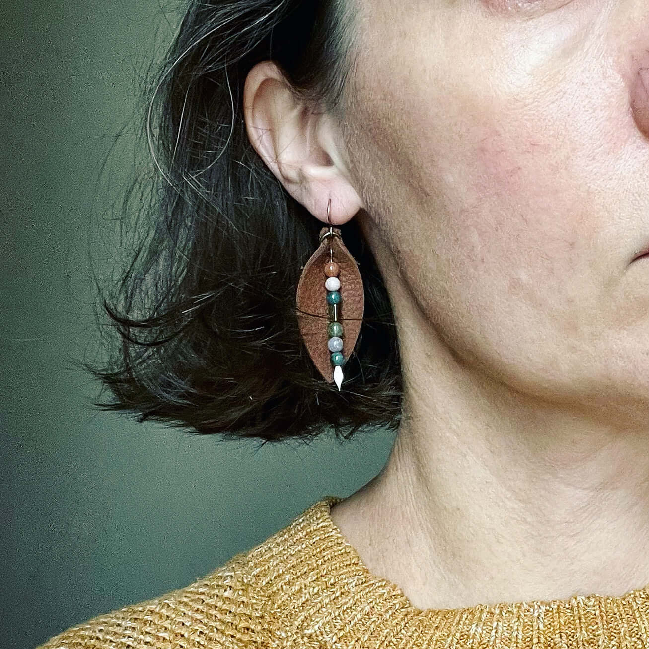 Leather Petal Earrings - Warm Brown with Fancy Jasper