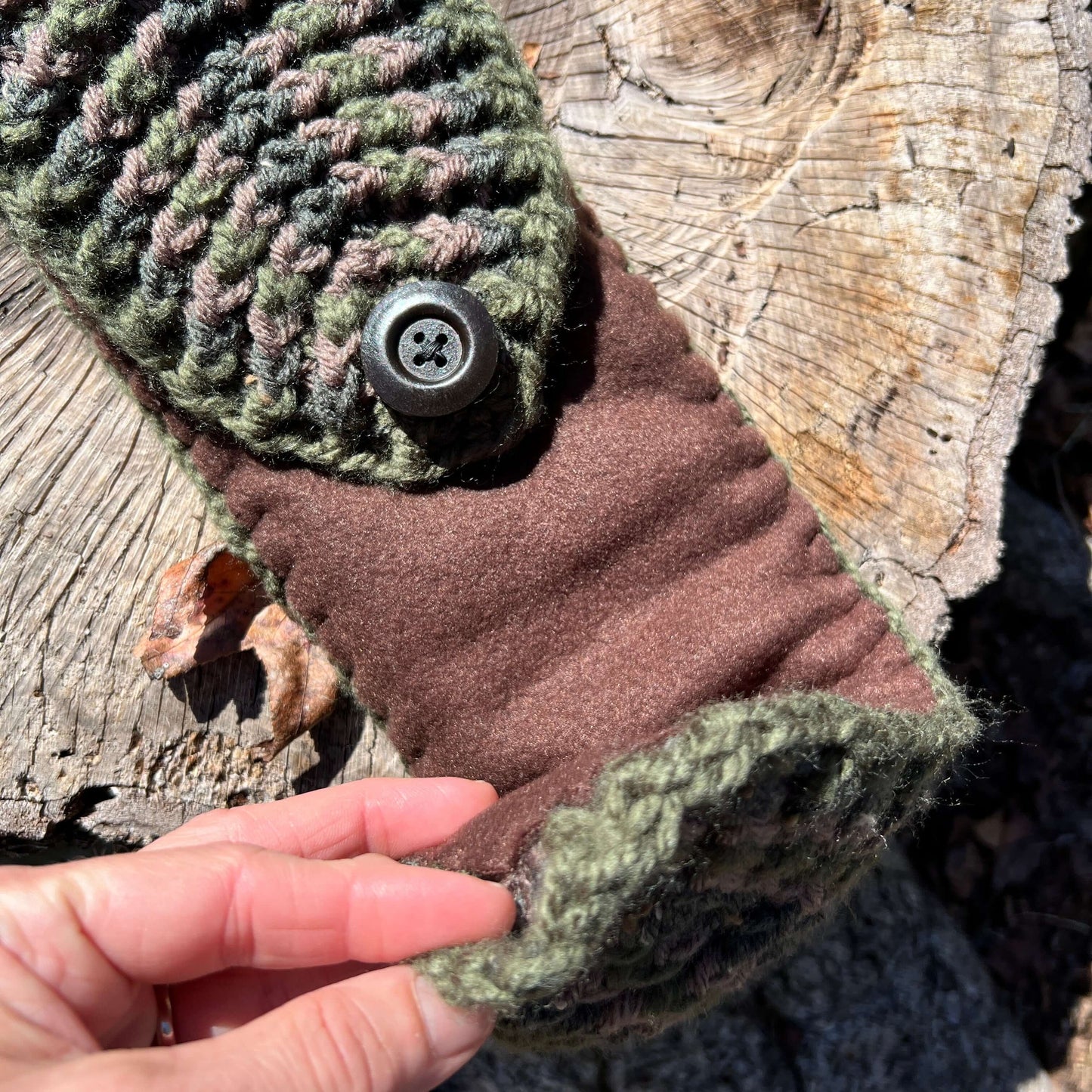 Winter Headband with Fleece Lining - Woodland Stripes in Deep Green and Brown