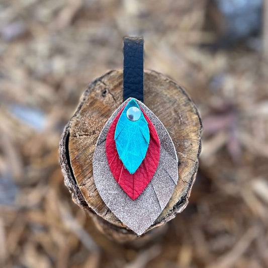 Leather Feather Bag Charm - Brown, Red and Turquoise