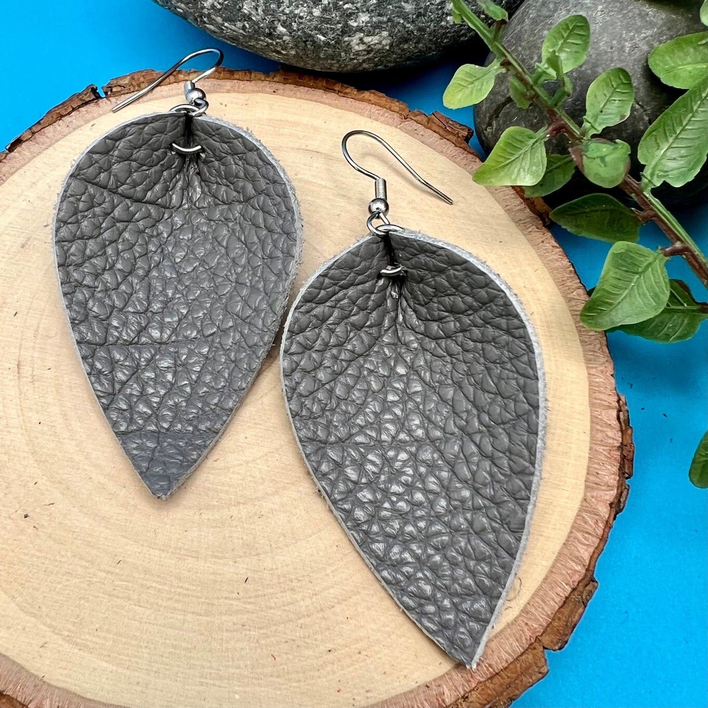 gray leather leaf earrings
