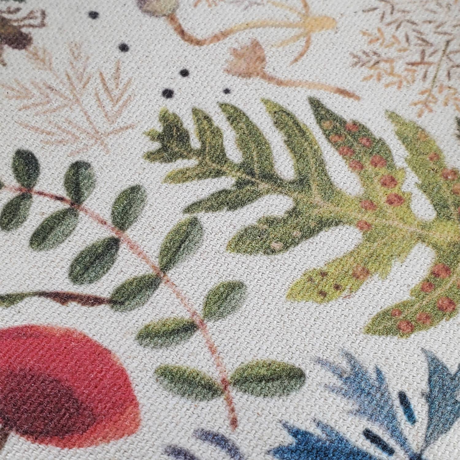 Close-up of a fabric with embroidered floral and leaf patterns.