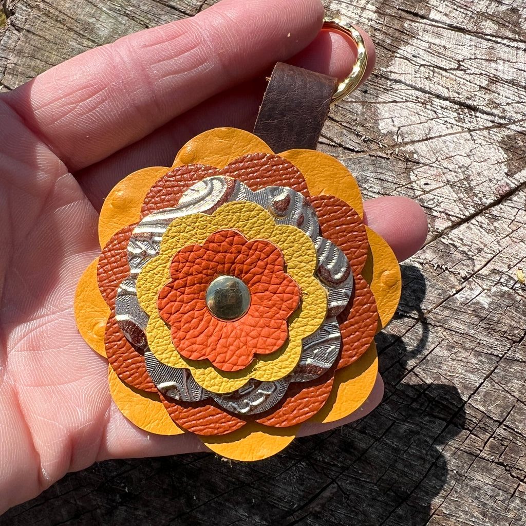 Leather Flower Bag Charm - Yellow and Orange