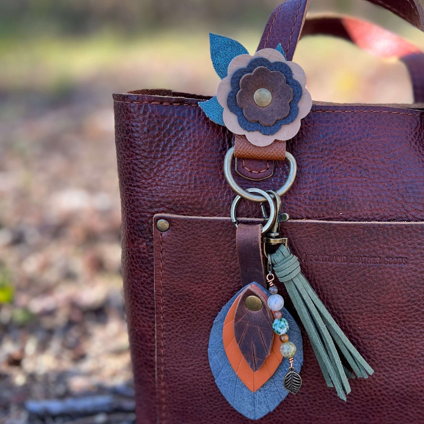 Purse Charm Holder - Flowers in Tan, Deep Blue and Brown