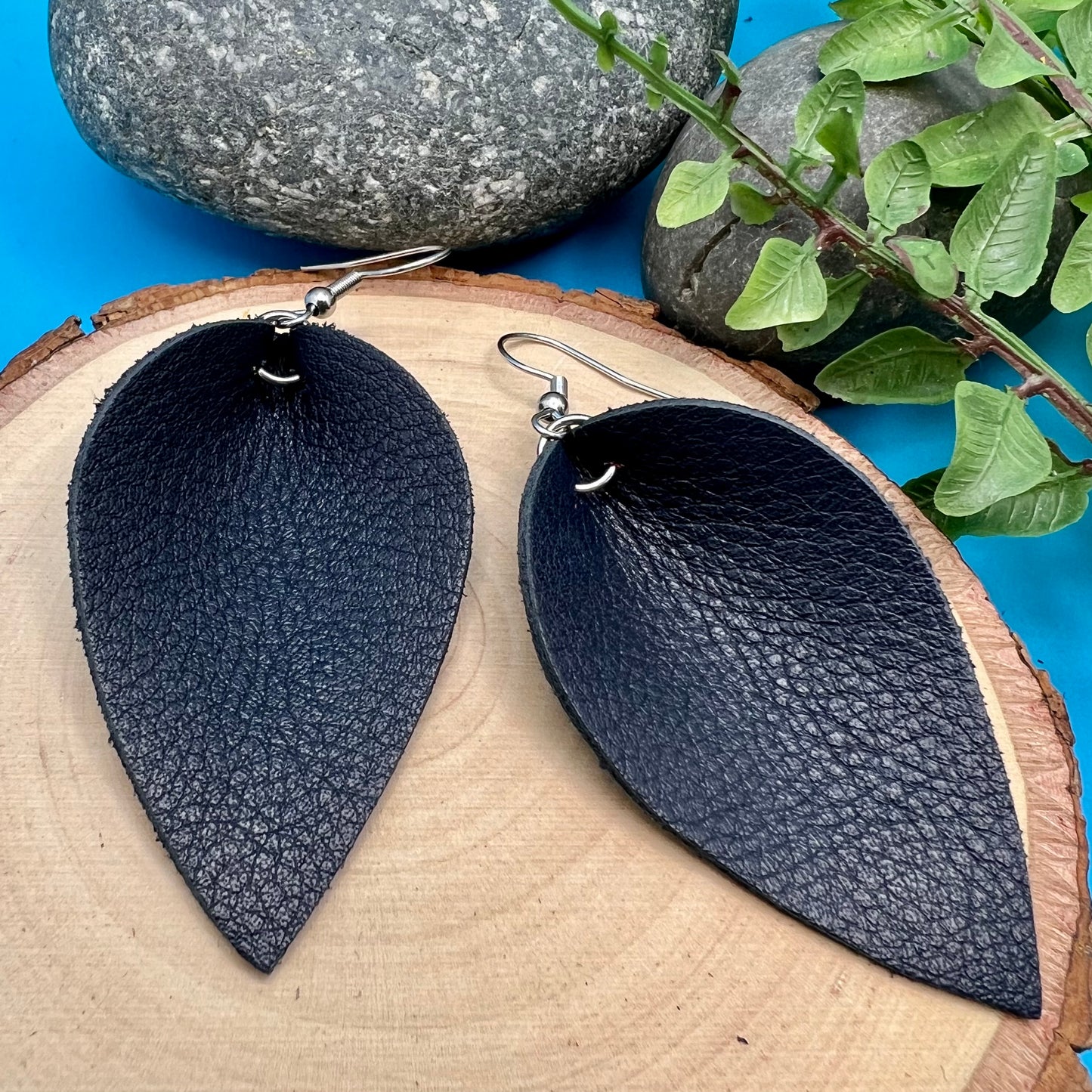 Leather Leaf Earrings - Navy Blue