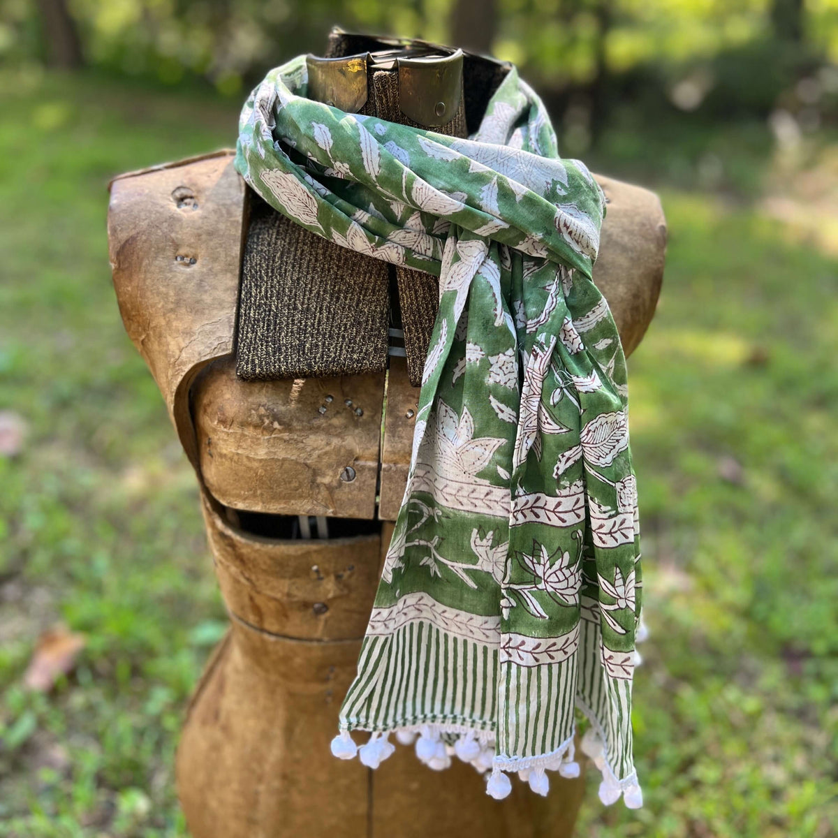 Block Printed Cotton Scarf - Spring Green with Lotus Flowers