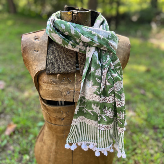 Block Printed Cotton Scarf - Spring Green with Lotus Flowers