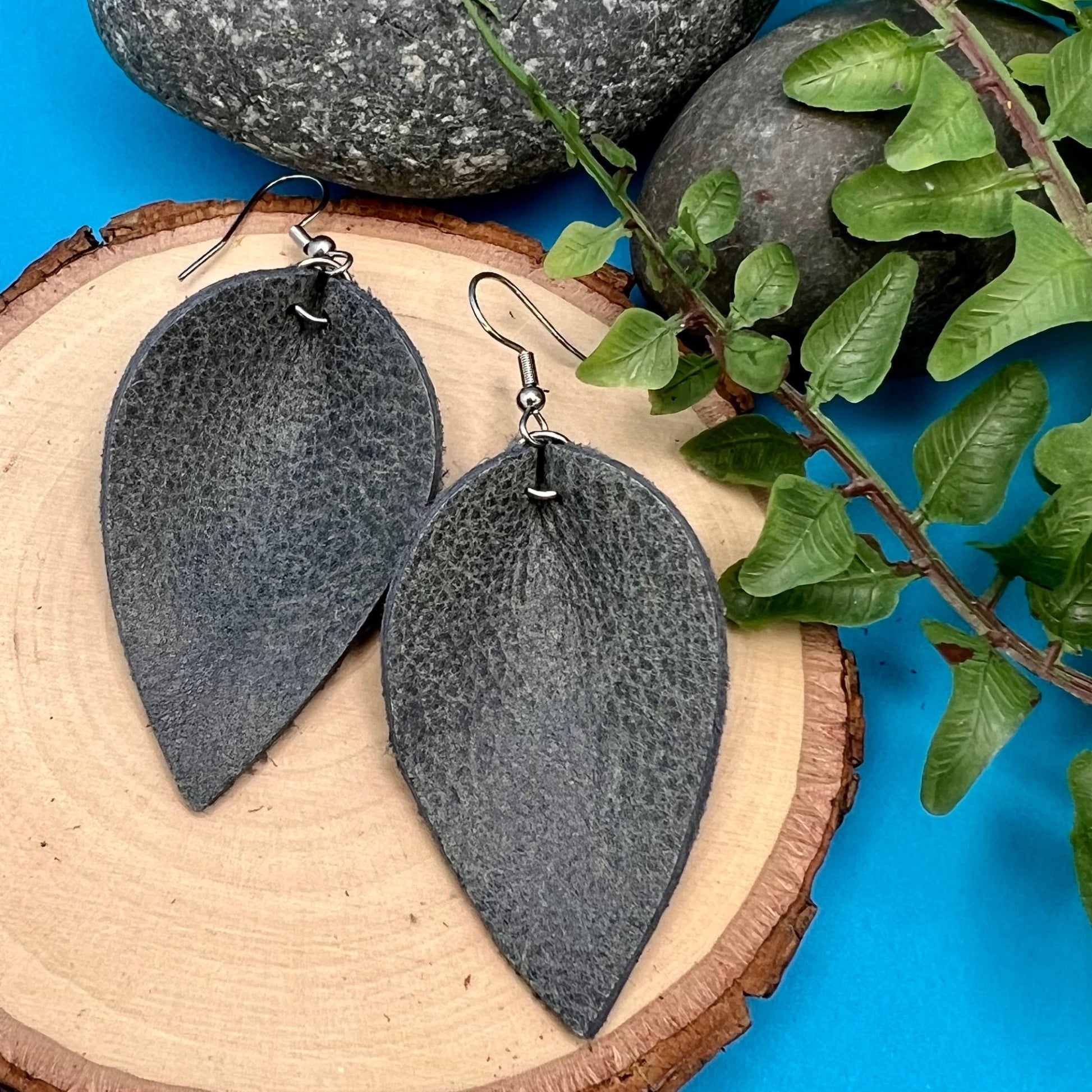 denim blue genuine leather leaf earrings