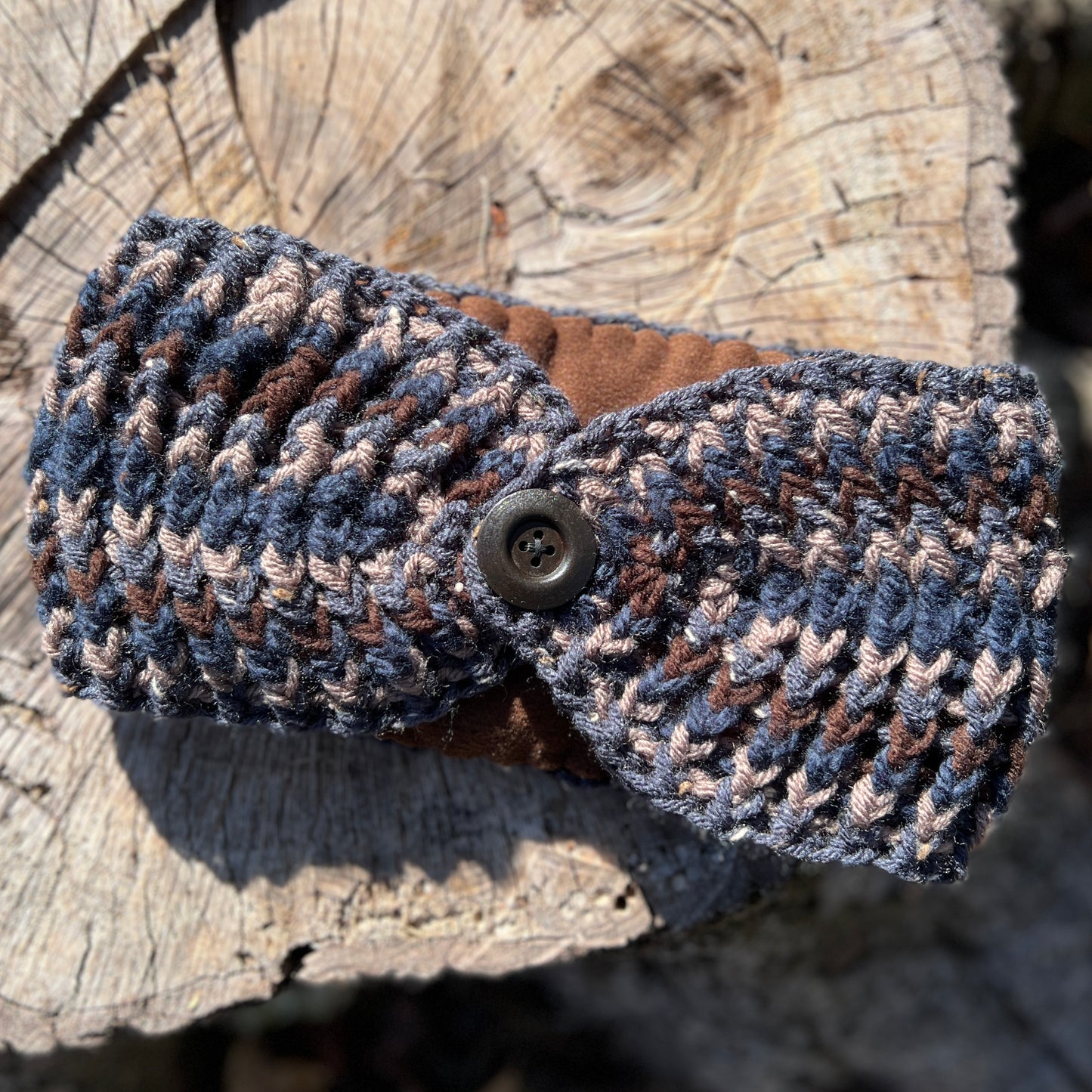 Winter Headband with Fleece Lining - Stripes in Brown and Blue