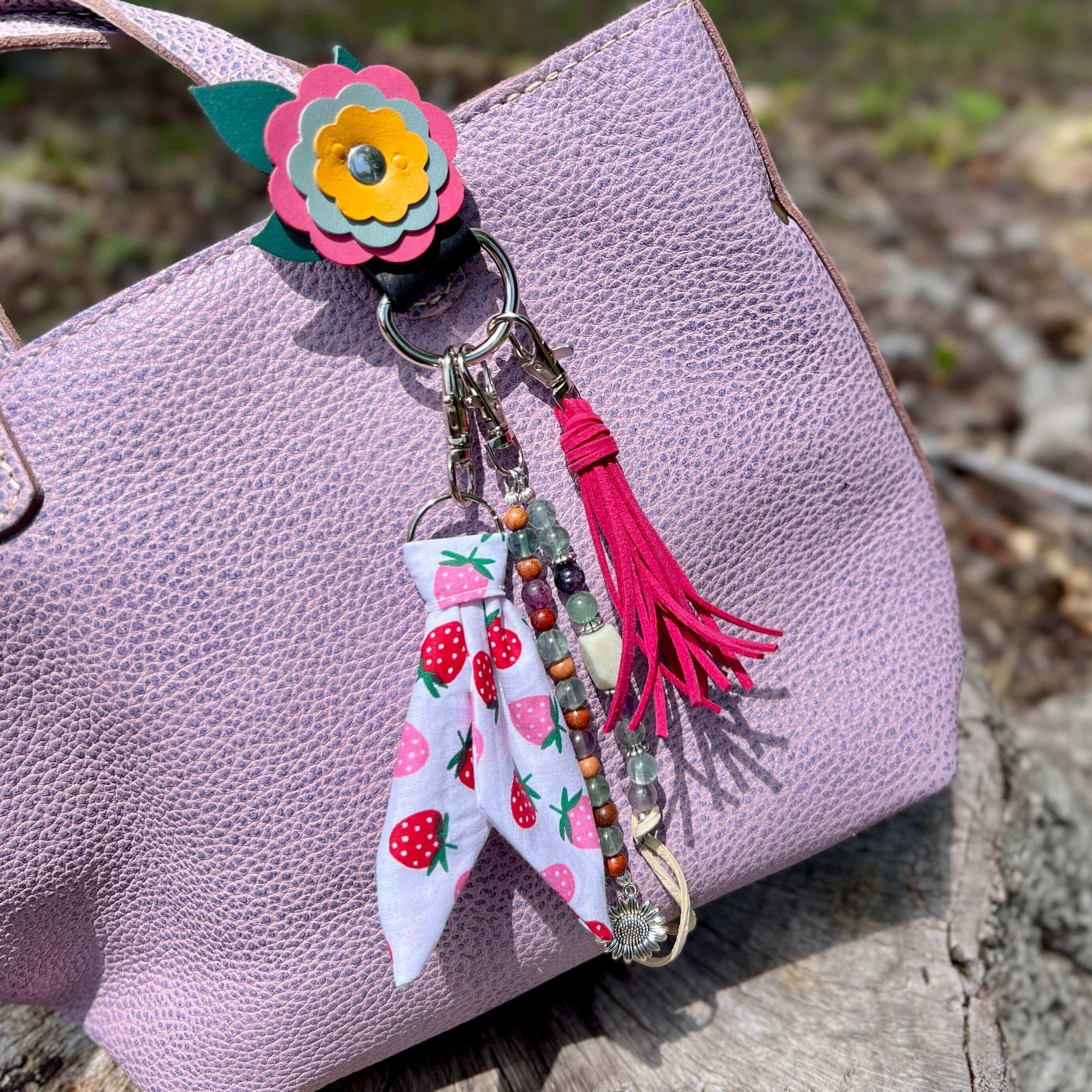 Purse Charm Holder - Flowers in Pink, Blue Gray and Yellow