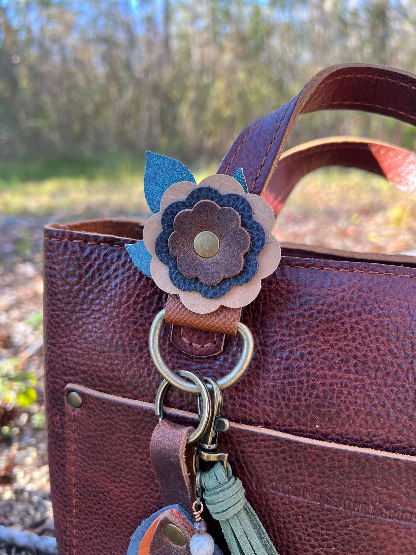 Purse Charm Holder - Flowers in Tan, Deep Blue and Brown