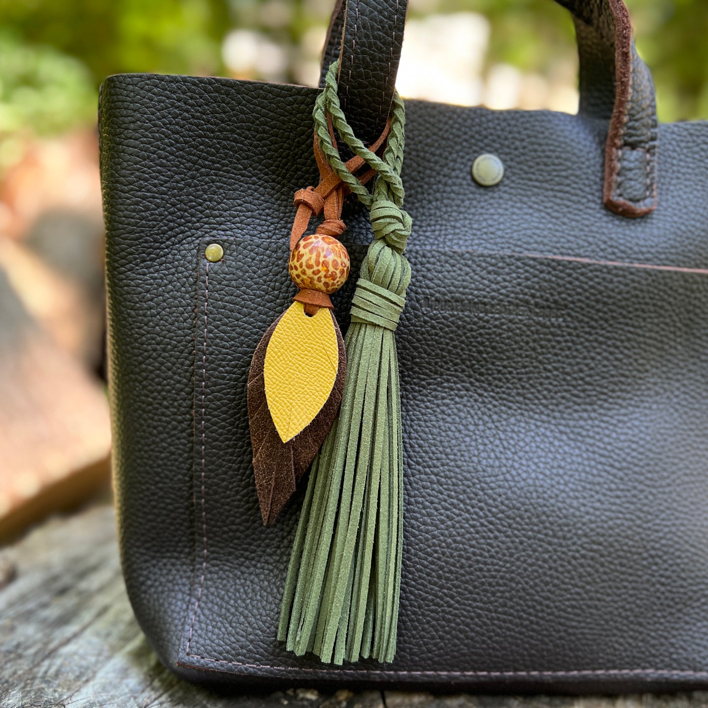 Leather Feather Bag Charm in Brown and Yellow
