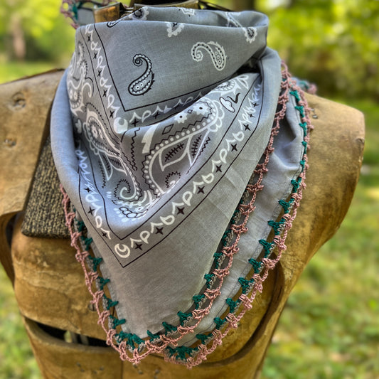 Bandana Scarf - Gray with Crochet Edging