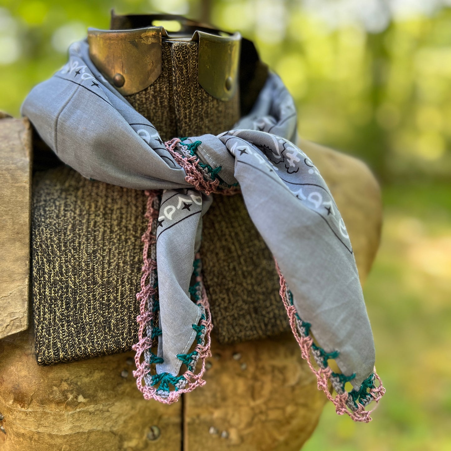 Bandana Scarf - Gray with Crochet Edging
