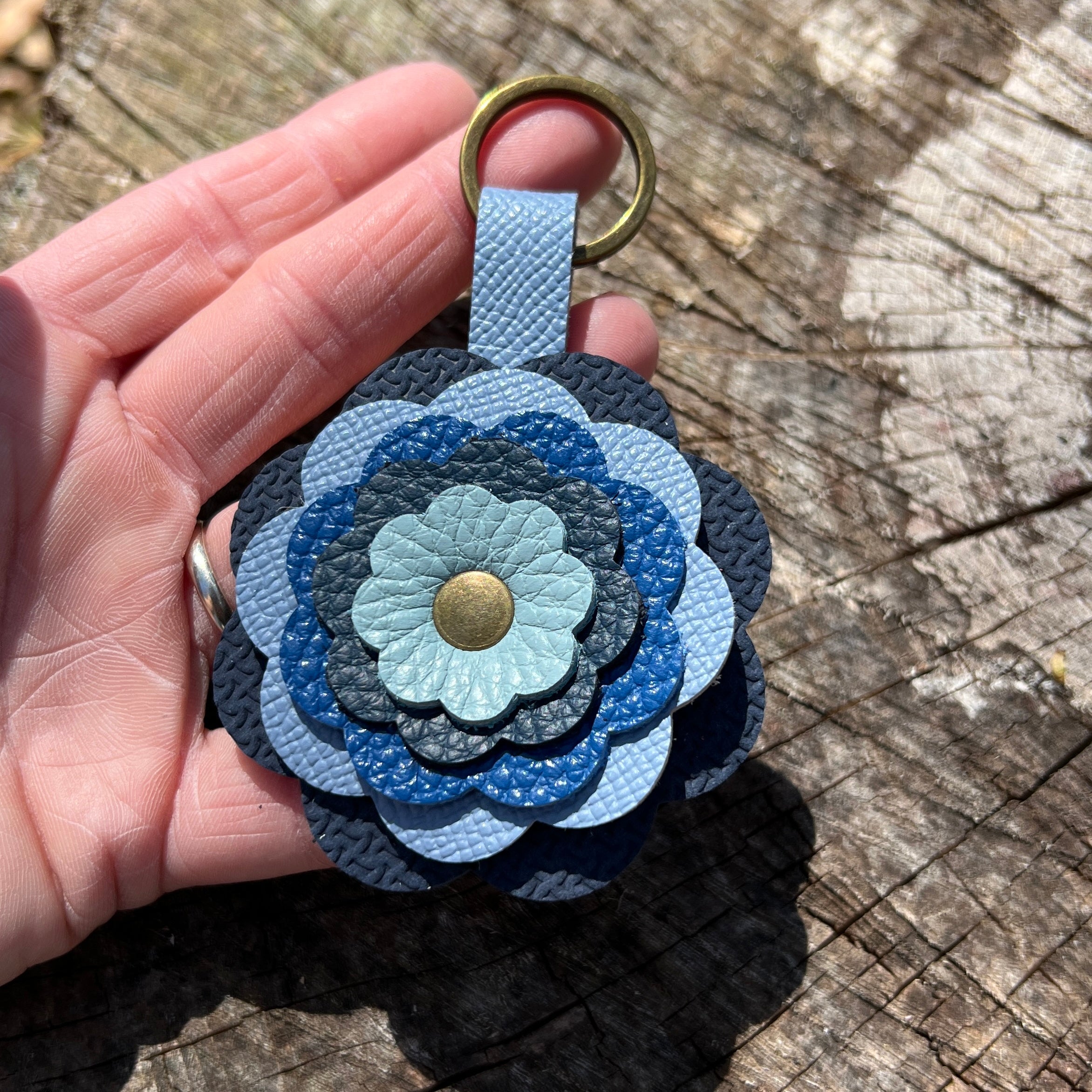 Blue Leather Flower Bag Charm and key chain
