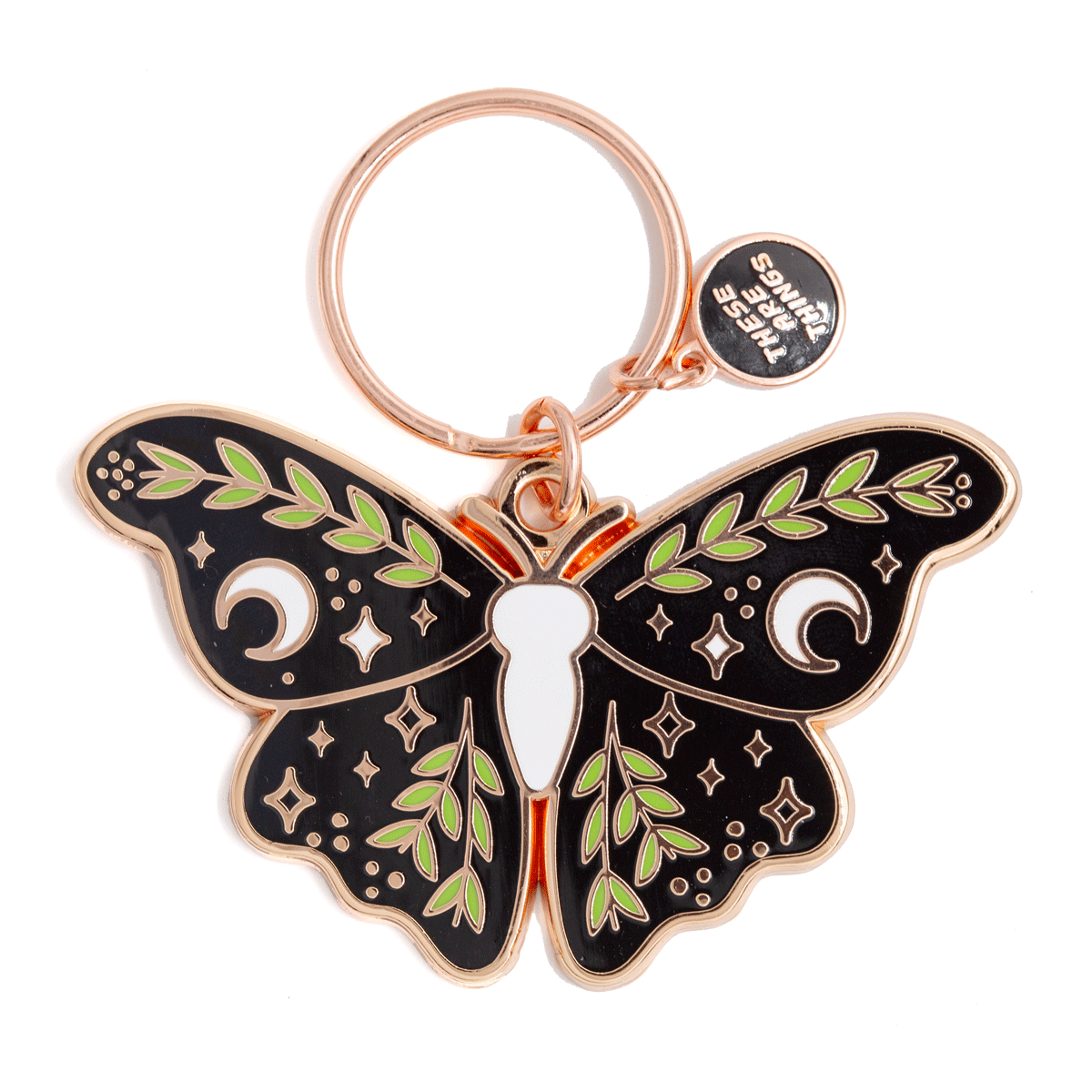 Butterfly-shaped keychain with decorative elements on a white background