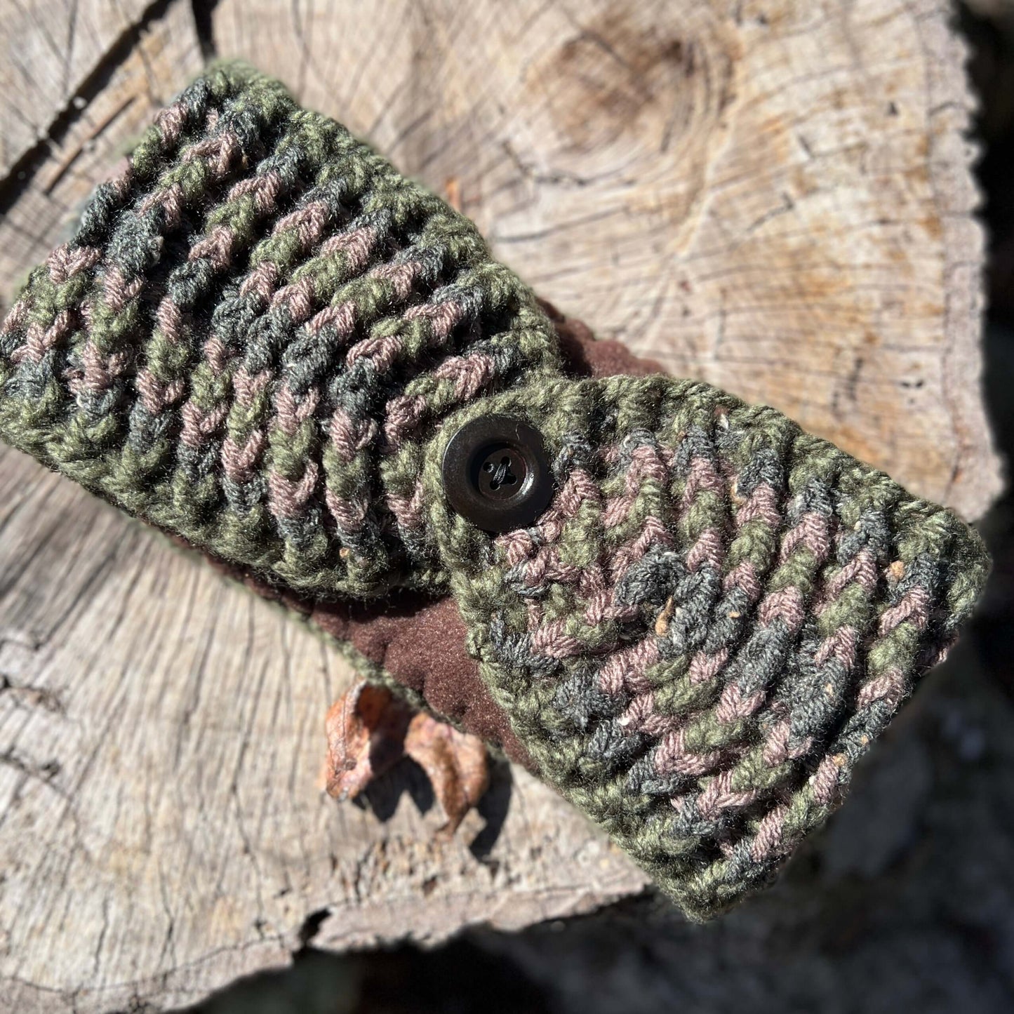 Winter Headband with Fleece Lining - Woodland Stripes in Deep Green and Brown