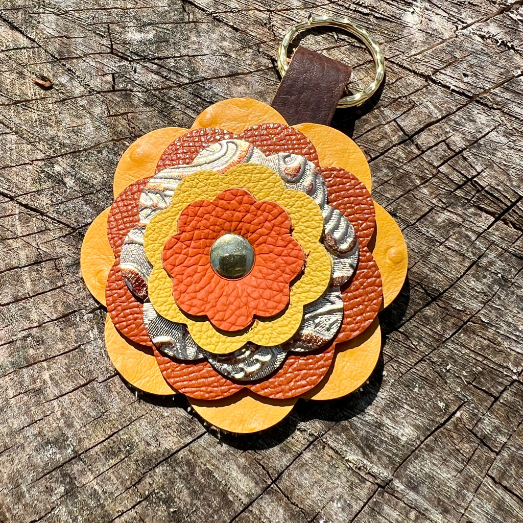Leather Flower Bag Charm - Yellow and Orange