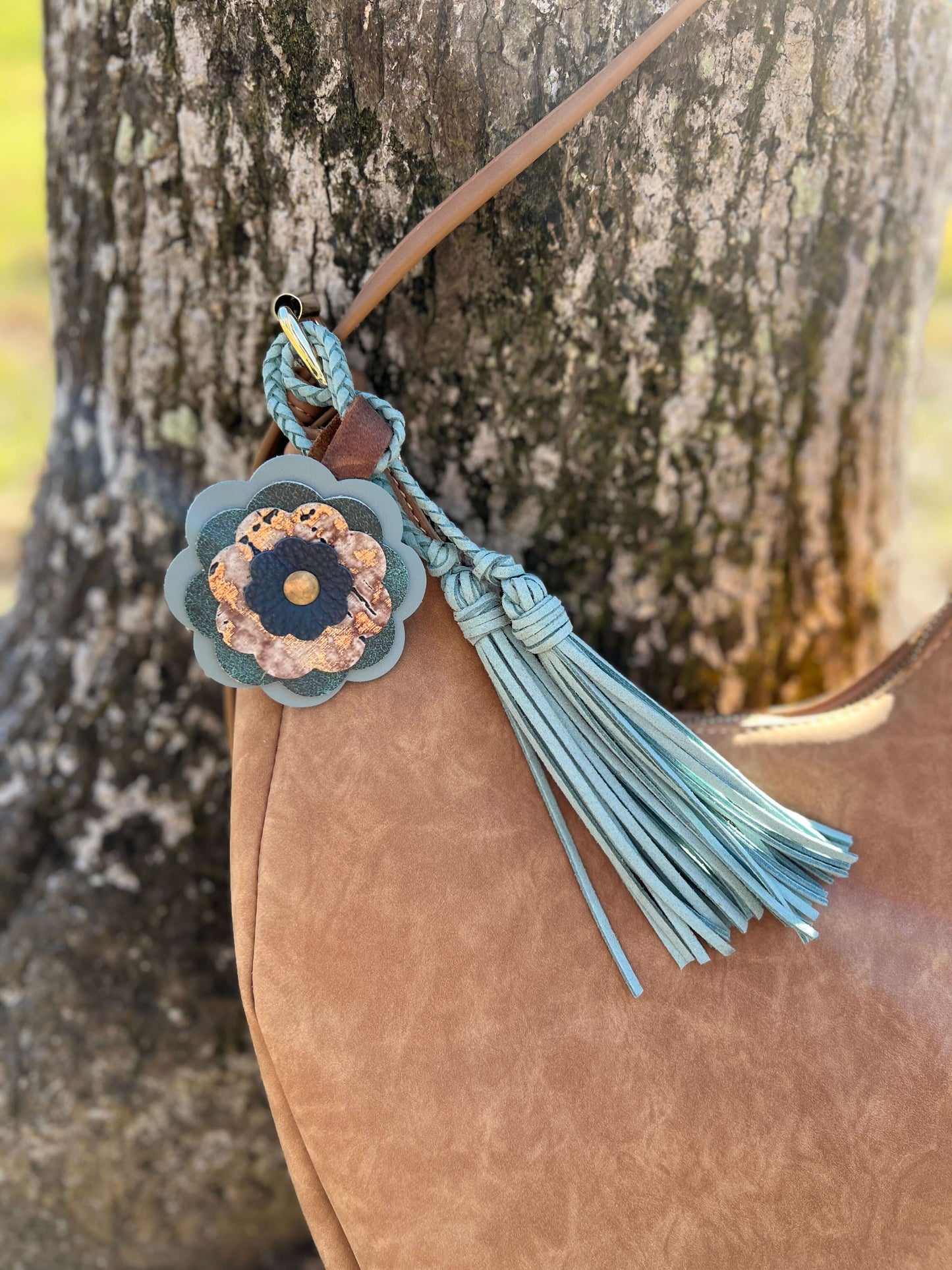 Leather Flower Bag Charm - Blue Gray, Green, Gold Woodgrain and Deep Blue