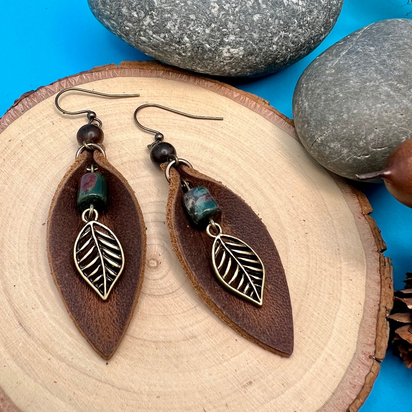 Leather Feather Dangle Earrings in Brown