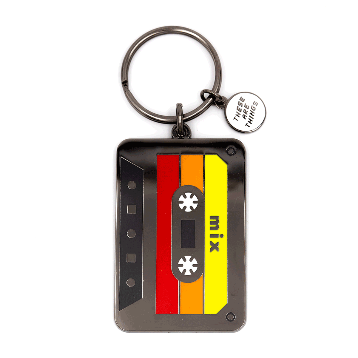 Cassette tape keychain with colorful stripes on a white background