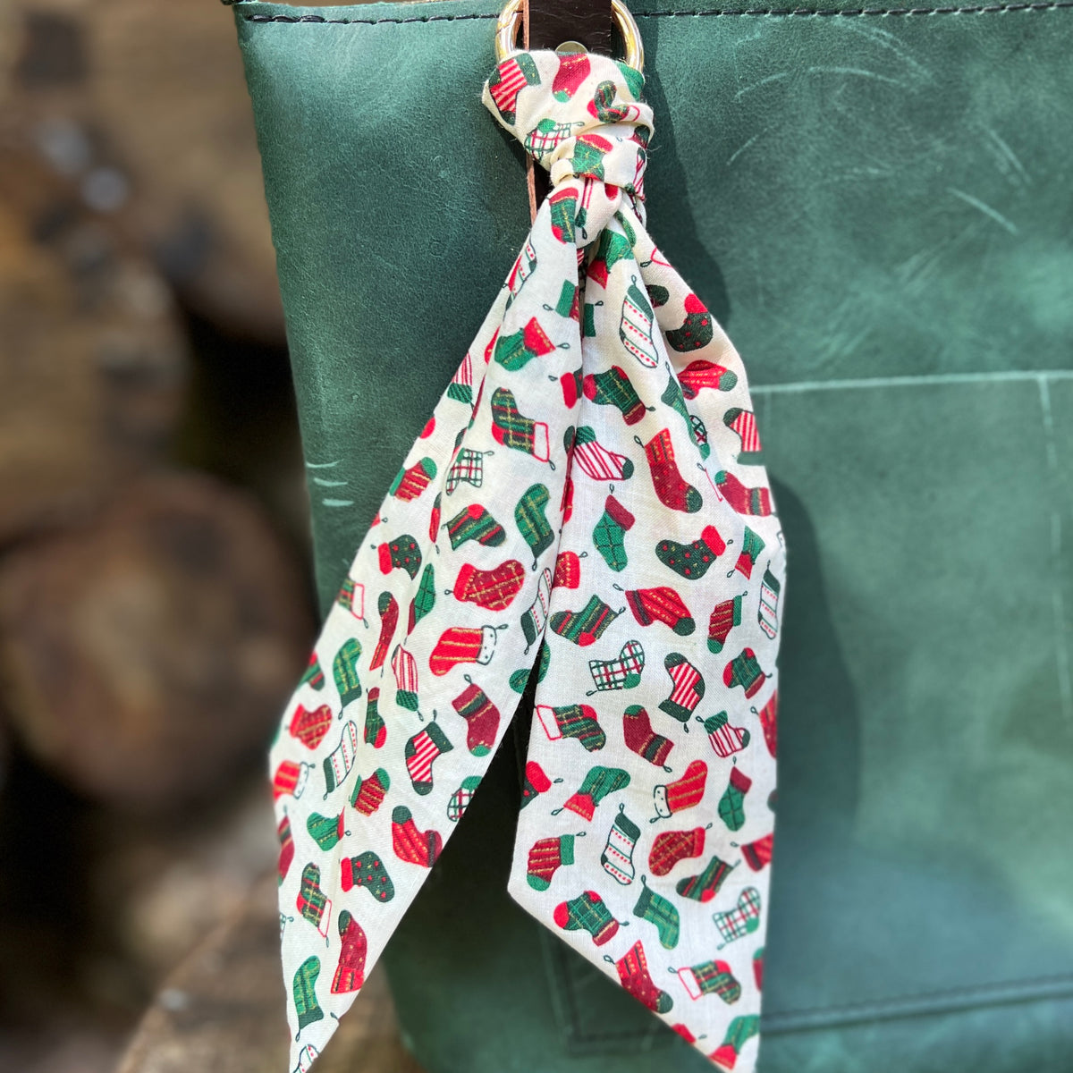 Christmas stocking print purse scarf on green tote