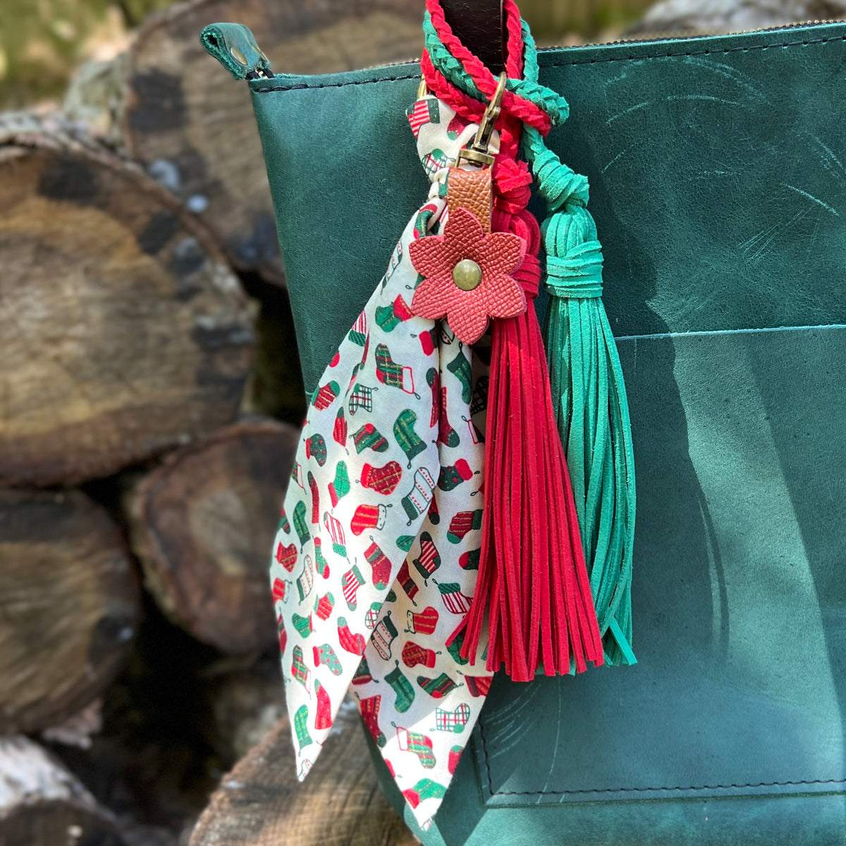 Christmas stocking print purse scarf tassels and red flower on green tote