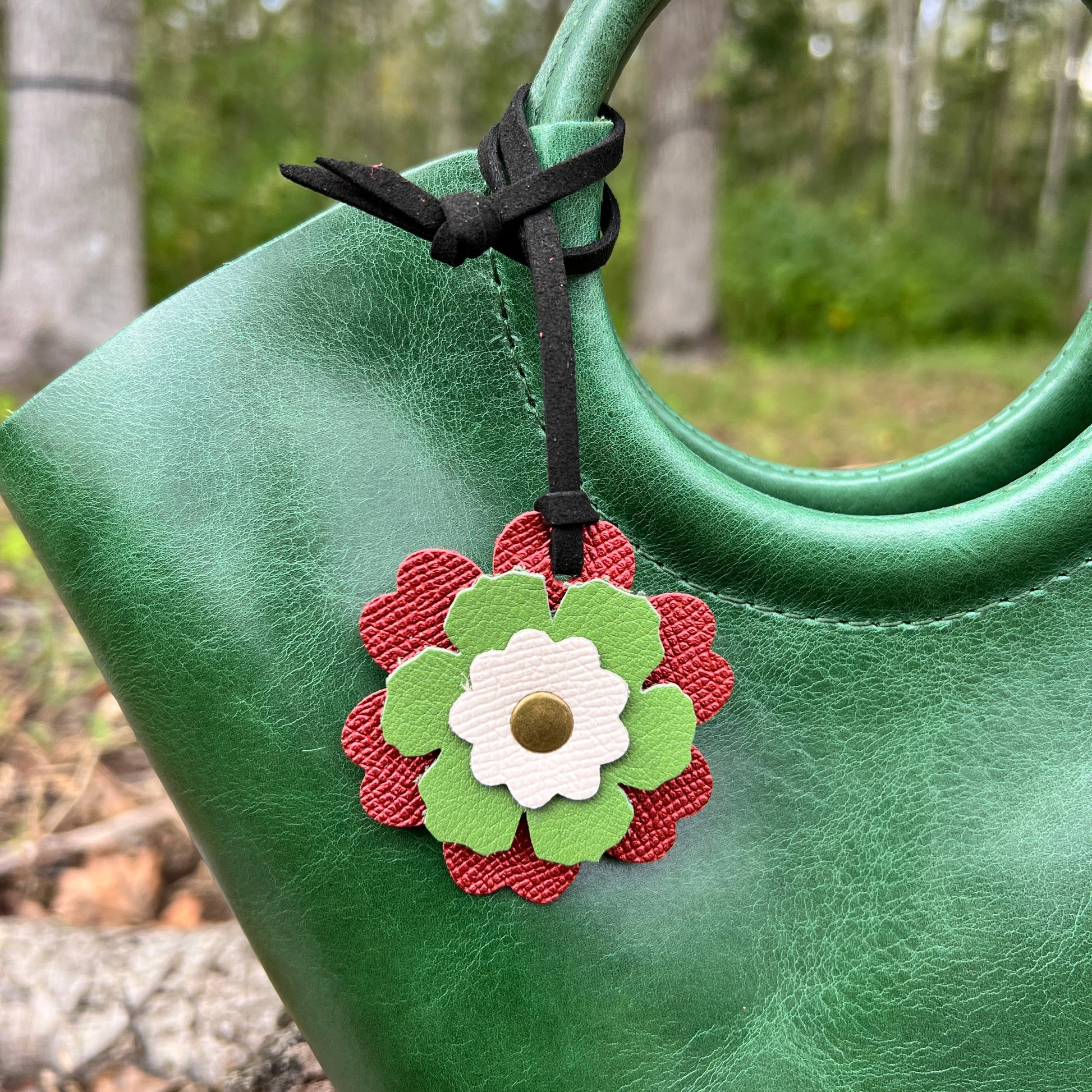 red, white and green leather flower bag charm
