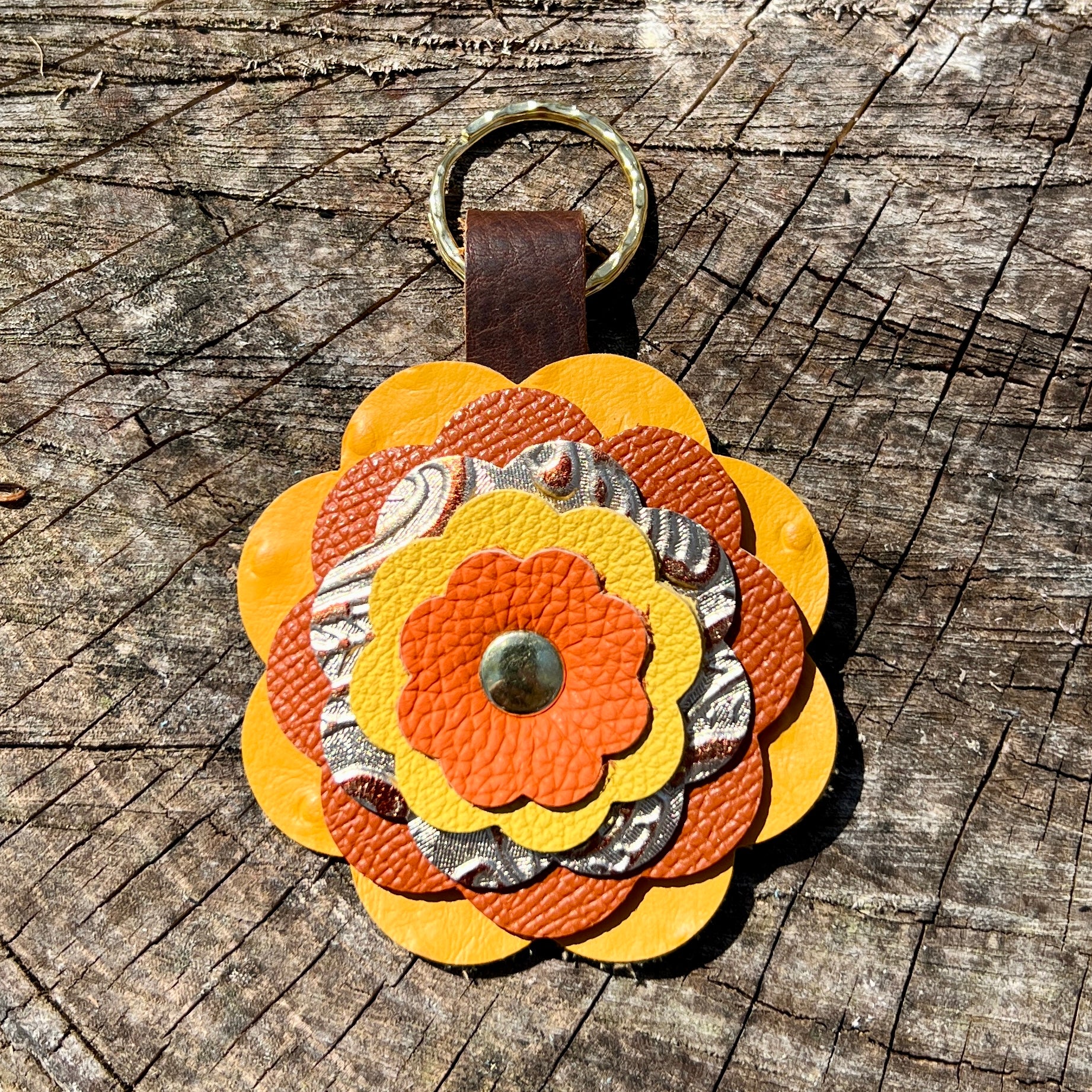 Leather Flower Bag Charm - Yellow and Orange