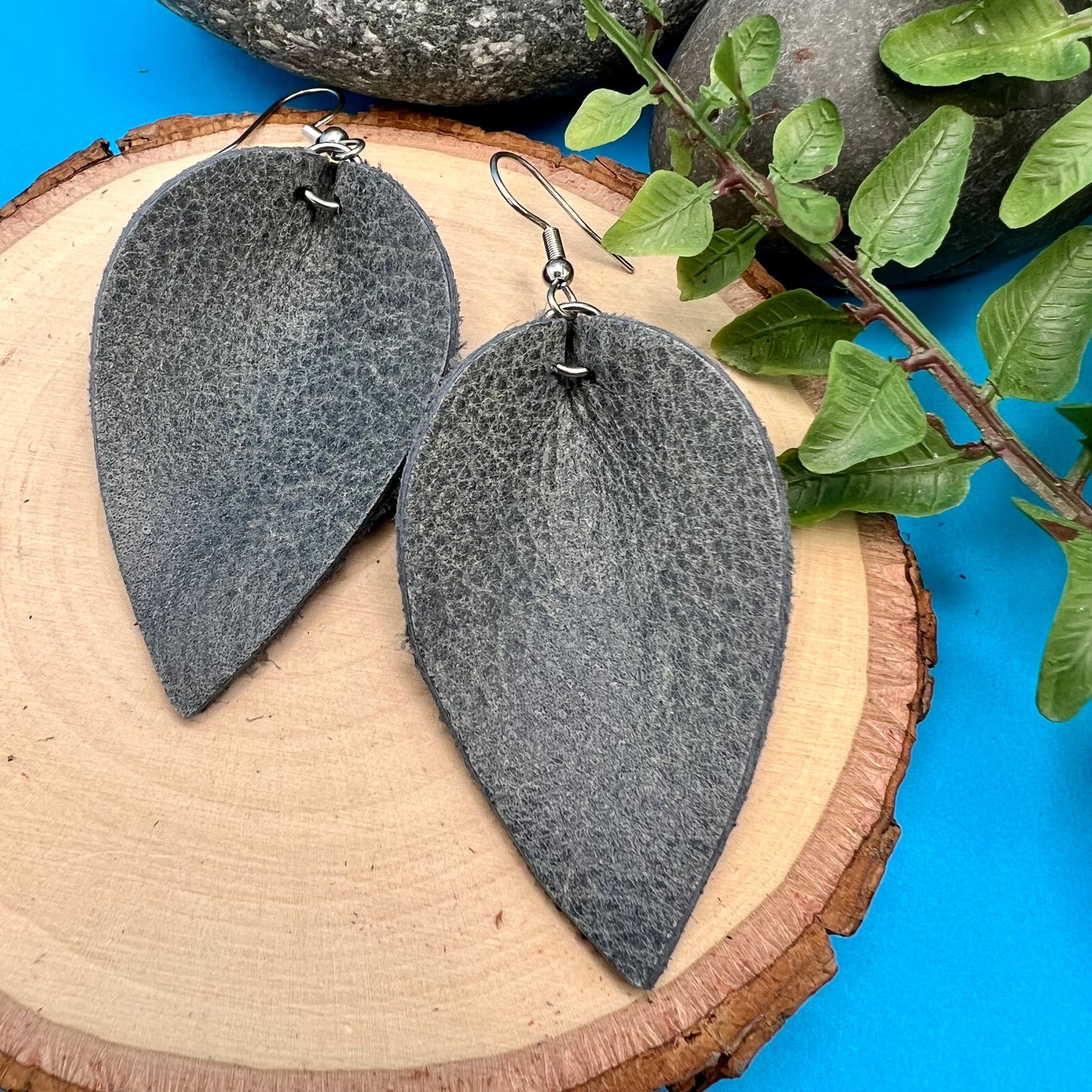 denim blue leather leaf earrings