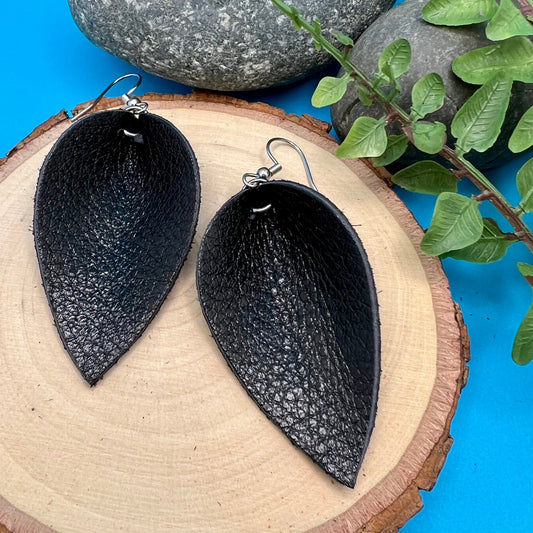 black leather leaf earrings