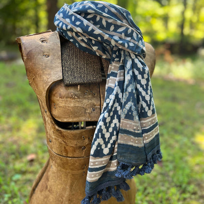 Block Printed Cotton Scarf - Navy and Taupe Leafy Stripes