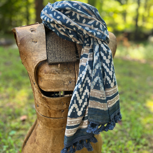 Block Printed Cotton Scarf - Navy and Taupe Leafy Stripes
