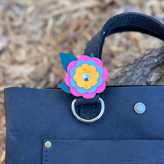 Purse Charm Holder - Flowers in Pink, Blue Gray and Yellow