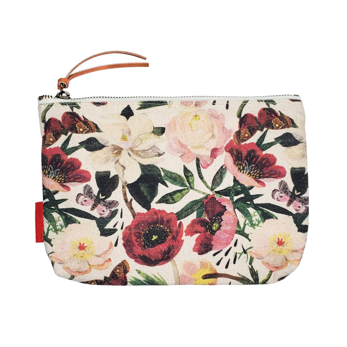 Floral patterned pouch with a zipper on a white background