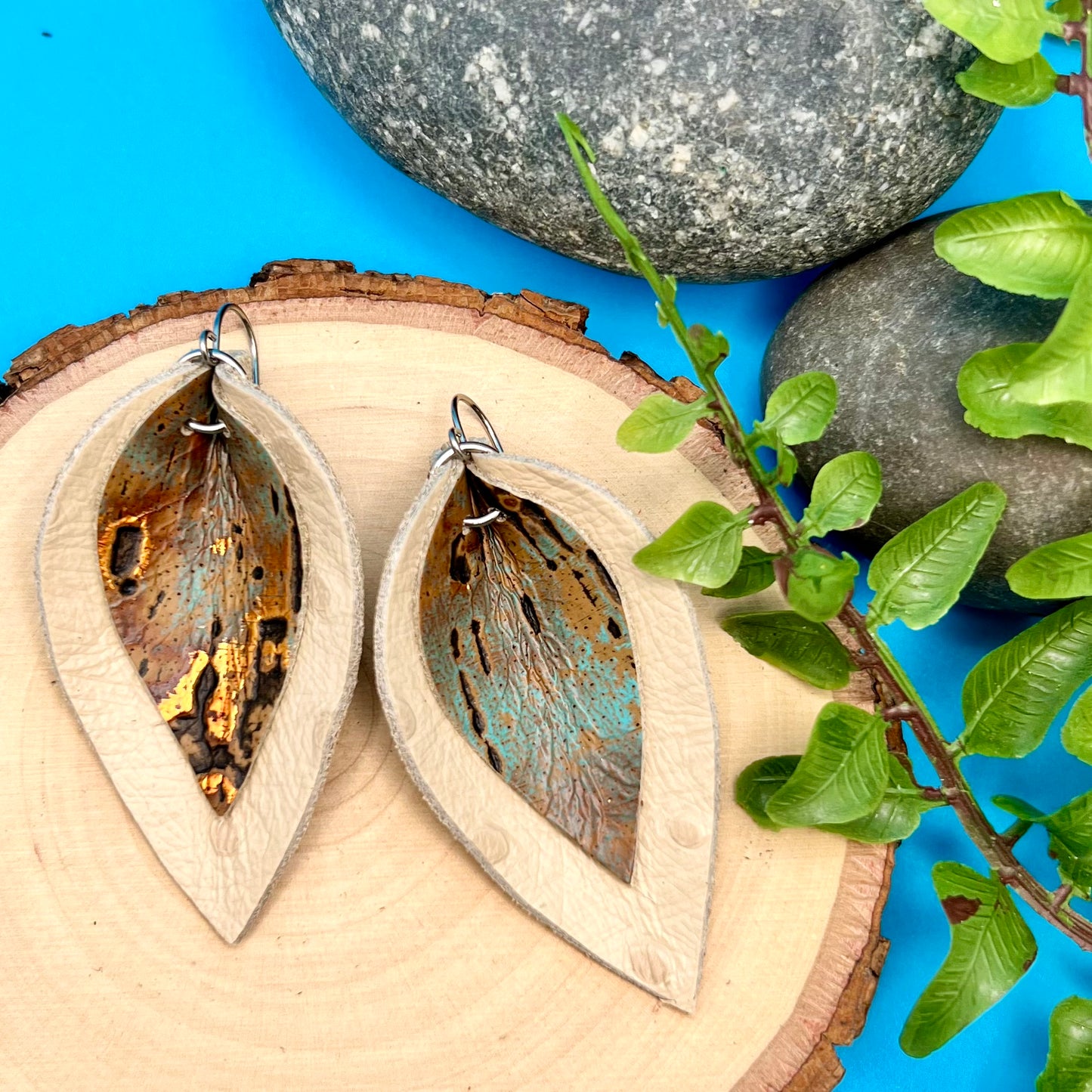 Layered Leather Leaf Earrings - Rustic Copper and Turquoise on Ivory