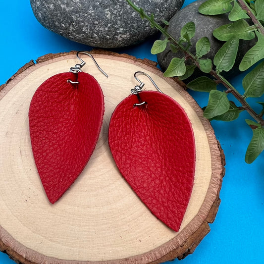true red leather leaf earrings