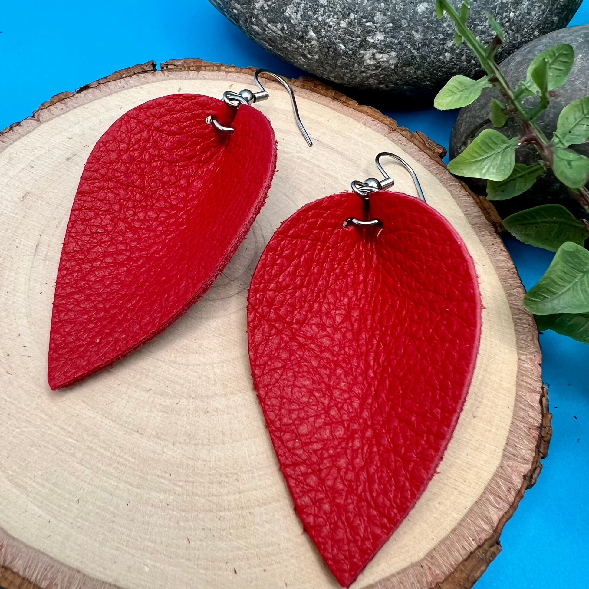 genuine leather leaf earrings in true red