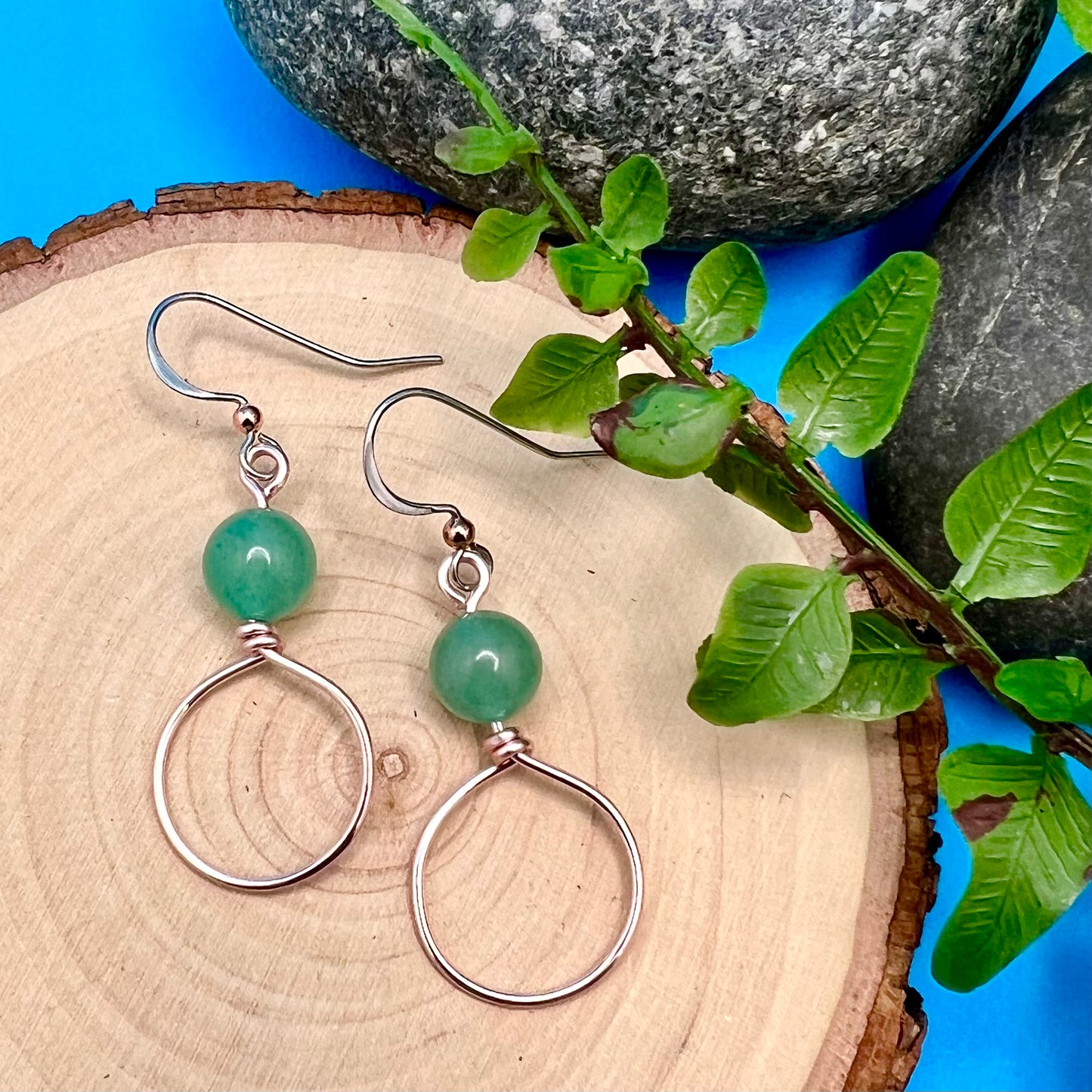 Small Rose Gold Hoop Earrings with Green Aventurine
