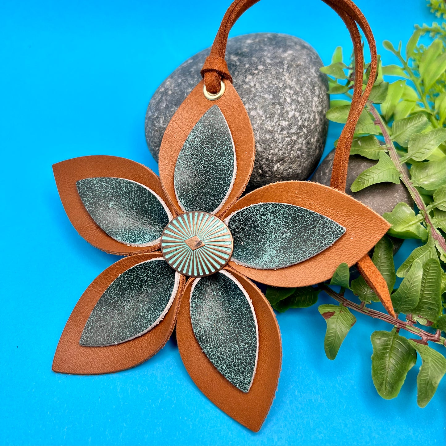 Leather Flower Bag Charm - Large Flower with Loop - Deep Green on Tan