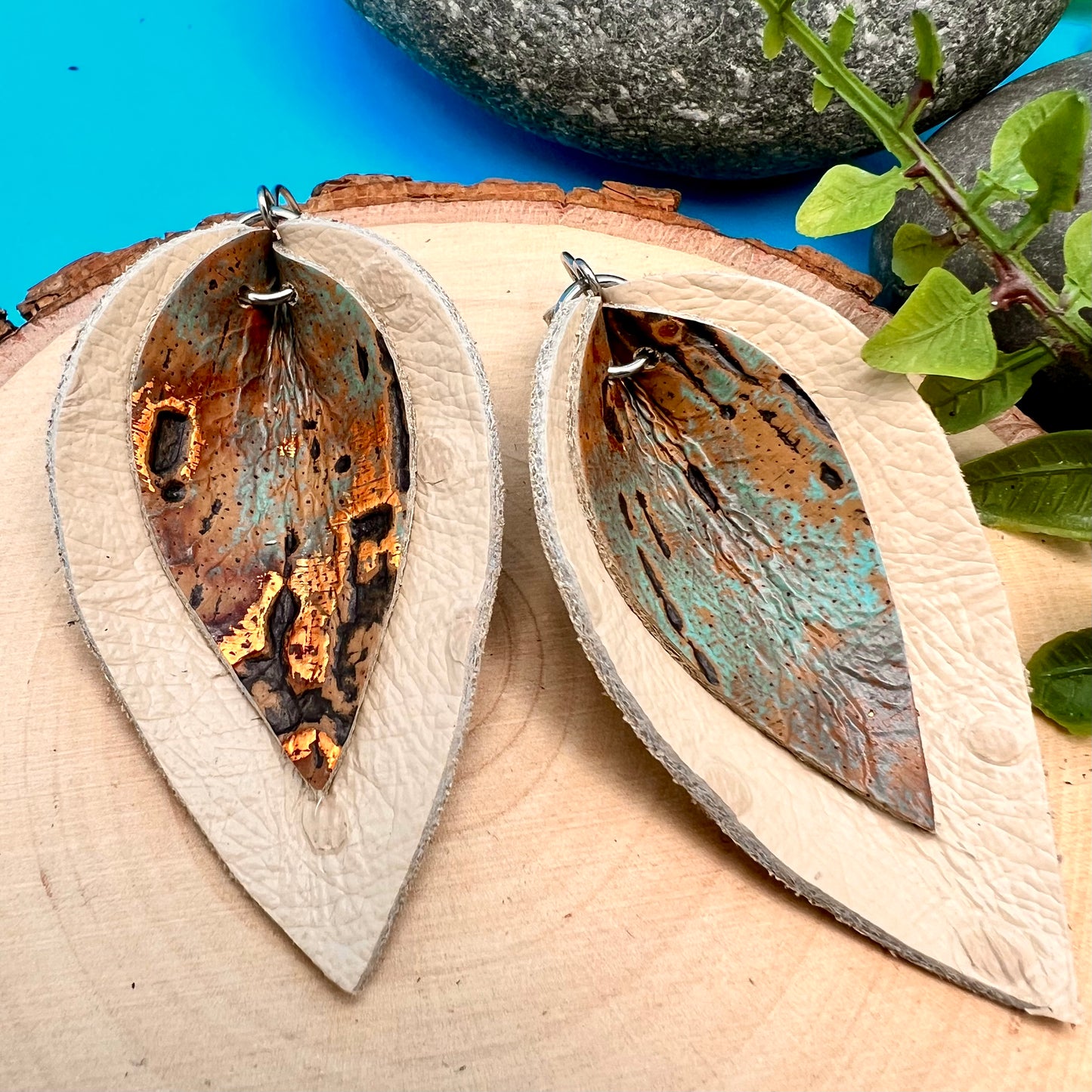 Layered Leather Leaf Earrings - Rustic Copper and Turquoise on Ivory
