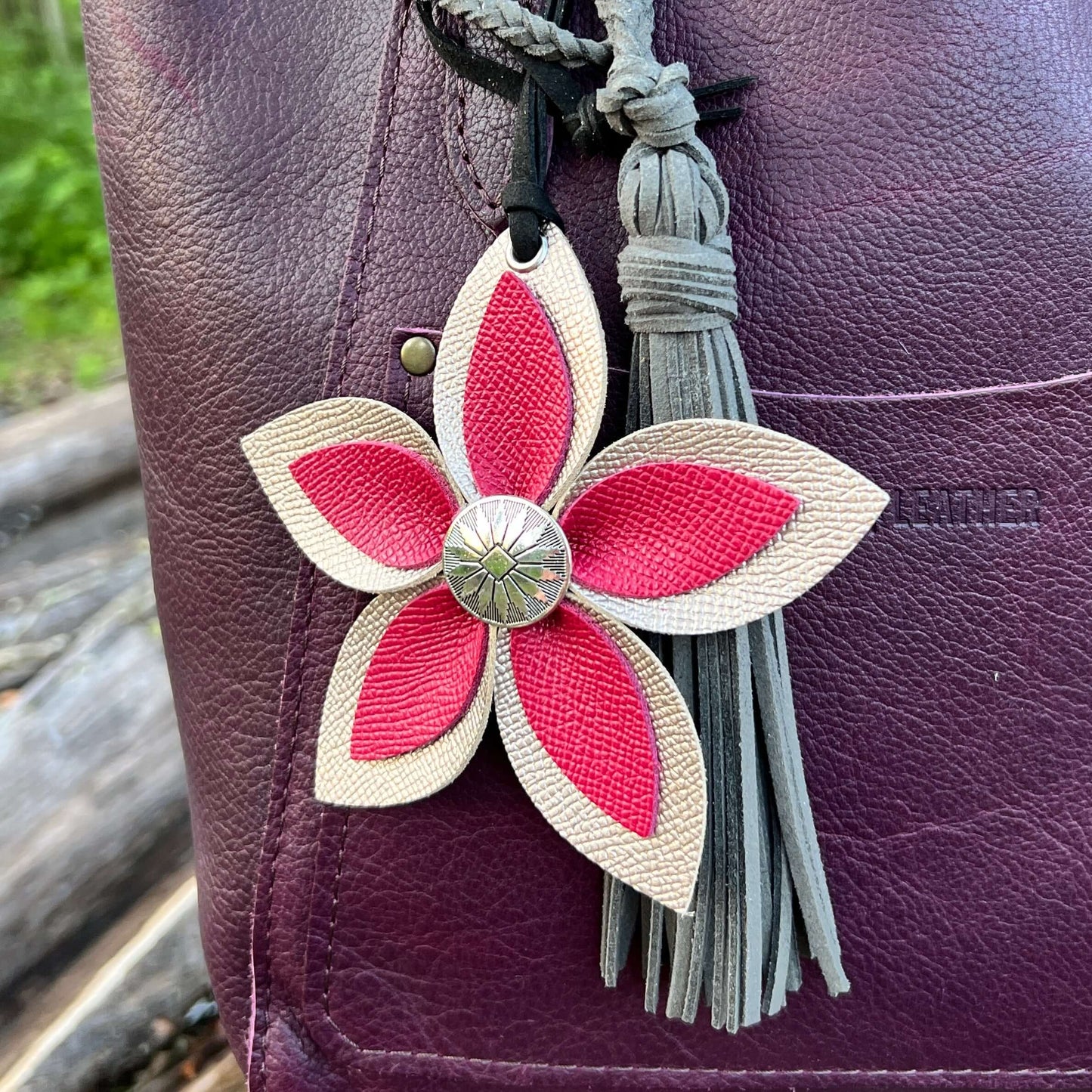 Leather Flower Bag Charm - Large Flower with Loop - Pink and Rose GoldLeather purse charms are a great way to update your handbag, purse or tote. Each flower is crafted with leather petals securely sewn and glued together and accented with buttons in the