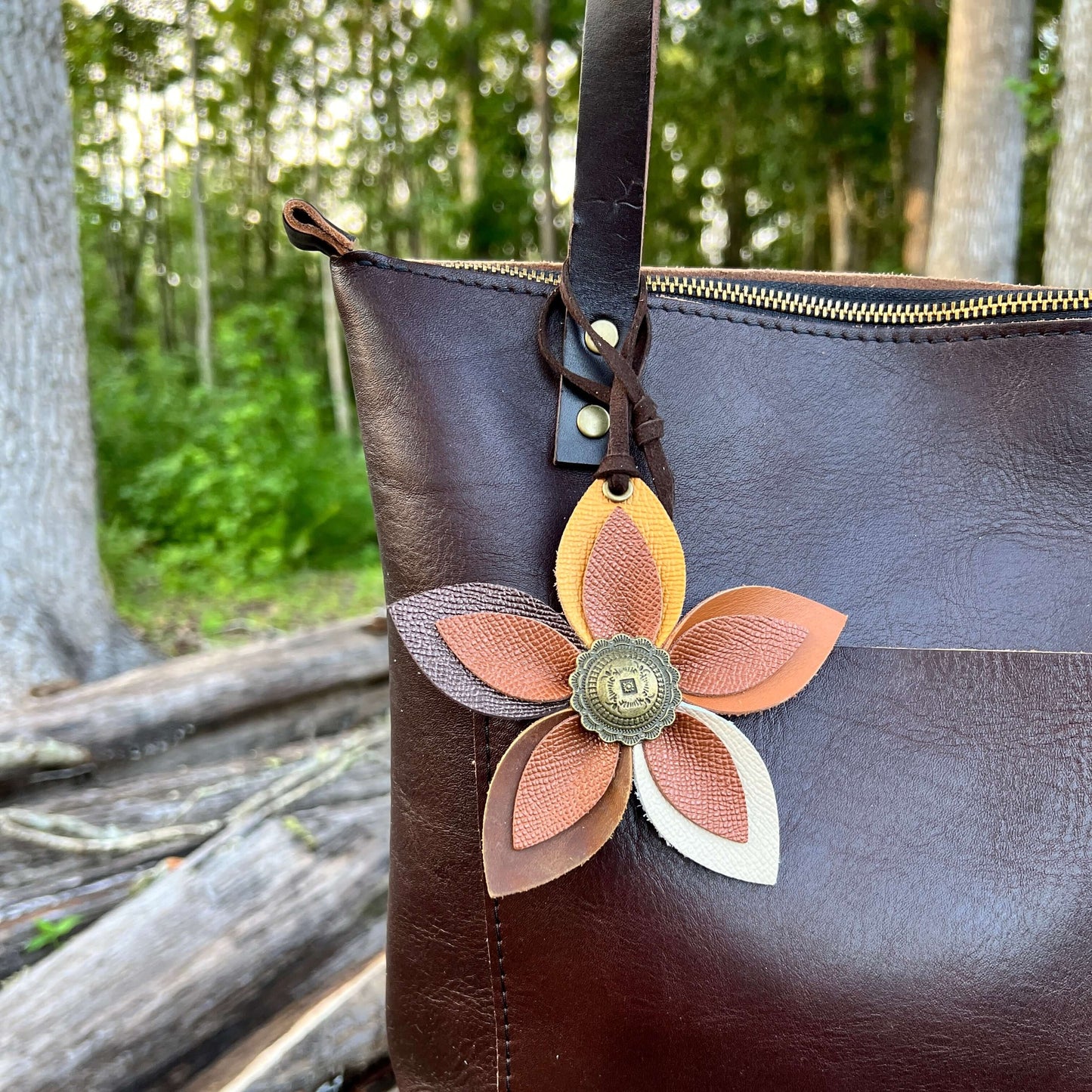 Leather Flower Bag Charm - Large Flower with Loop - Multi with BrownLeather purse charms are a great way to update your handbag, purse or tote. Each flower is crafted with leather petals securely sewn and glued together and accented with buttons in the ce