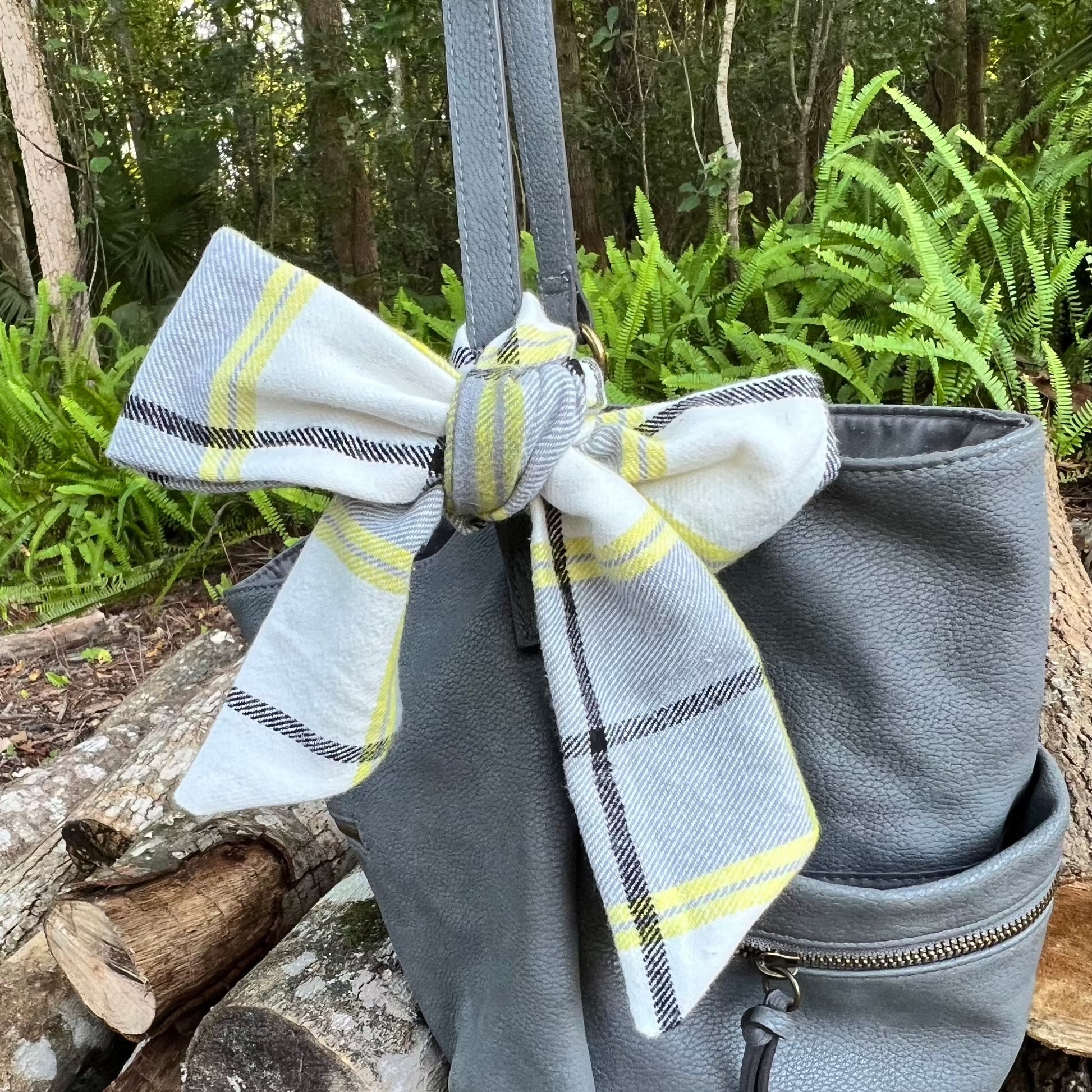 skinny flannel purse scarf in gray, black and yellow