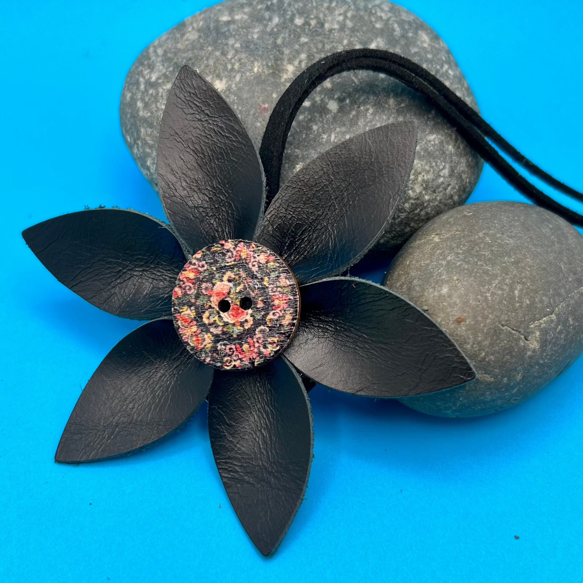 black leather flower purse charm