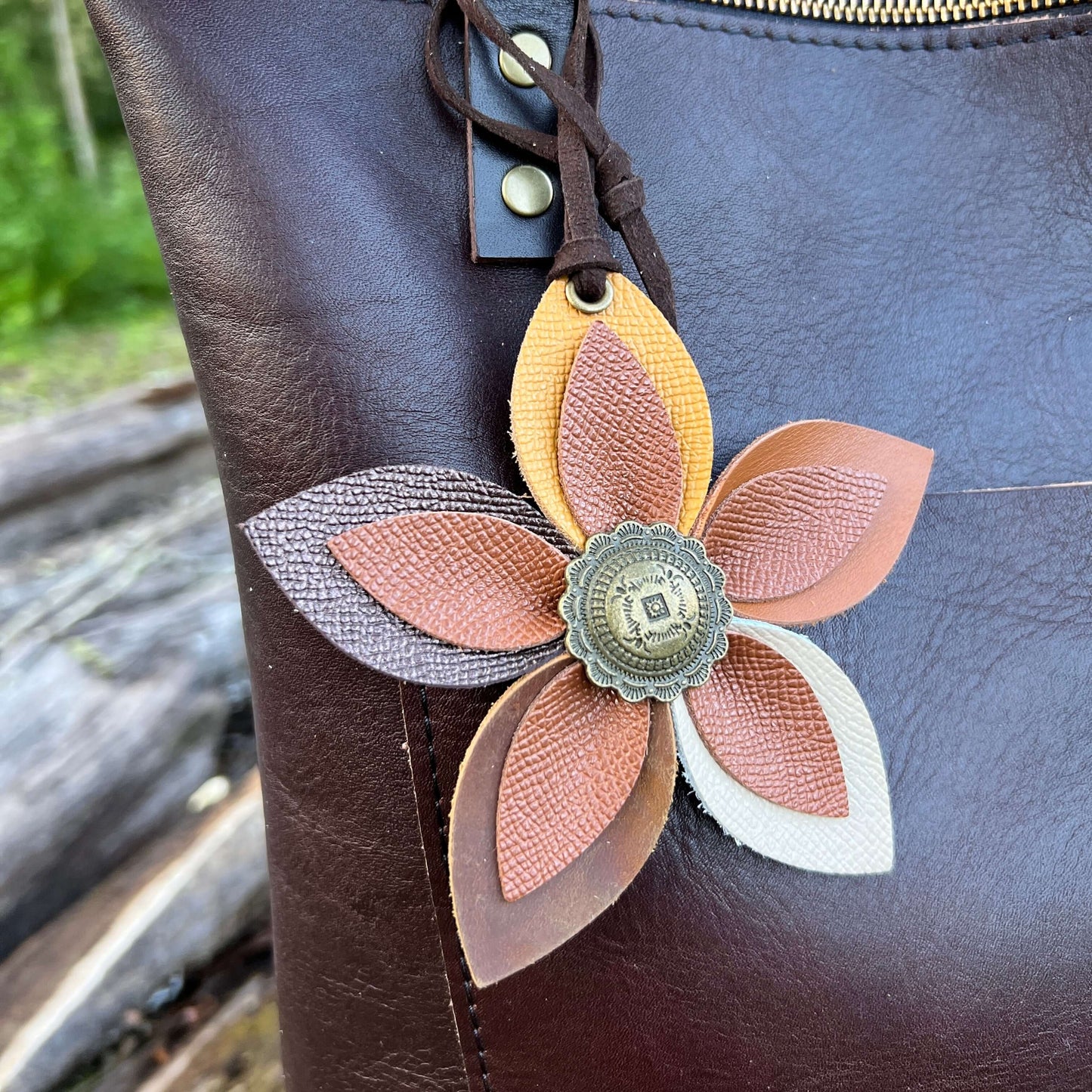 Leather Flower Bag Charm - Large Flower with Loop - Multi with BrownLeather purse charms are a great way to update your handbag, purse or tote. Each flower is crafted with leather petals securely sewn and glued together and accented with buttons in the ce