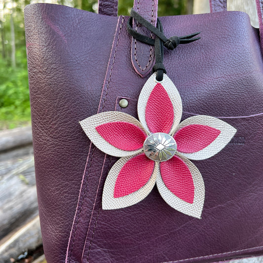 pink and rose gold leather flower purse charm