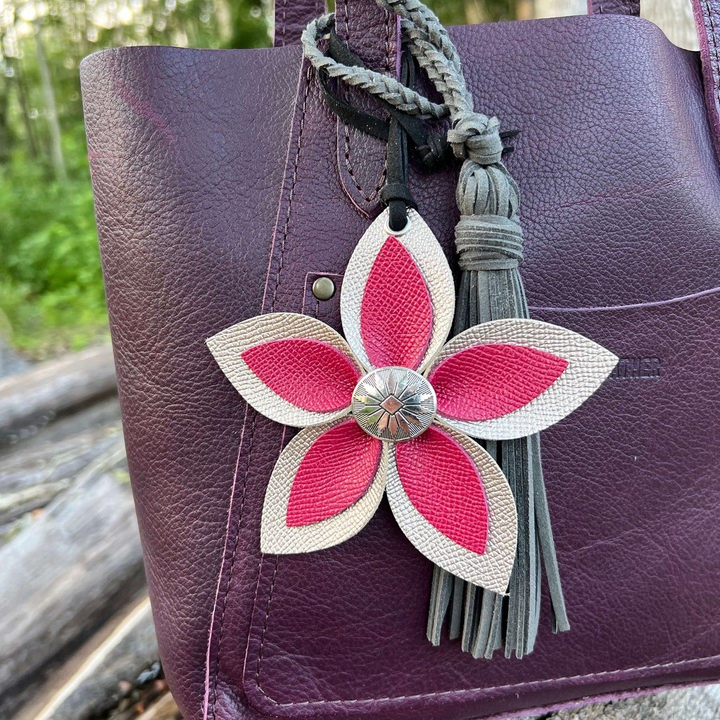 Leather Flower Bag Charm - Large Flower with Loop - Pink and Rose GoldLeather purse charms are a great way to update your handbag, purse or tote. Each flower is crafted with leather petals securely sewn and glued together and accented with buttons in the