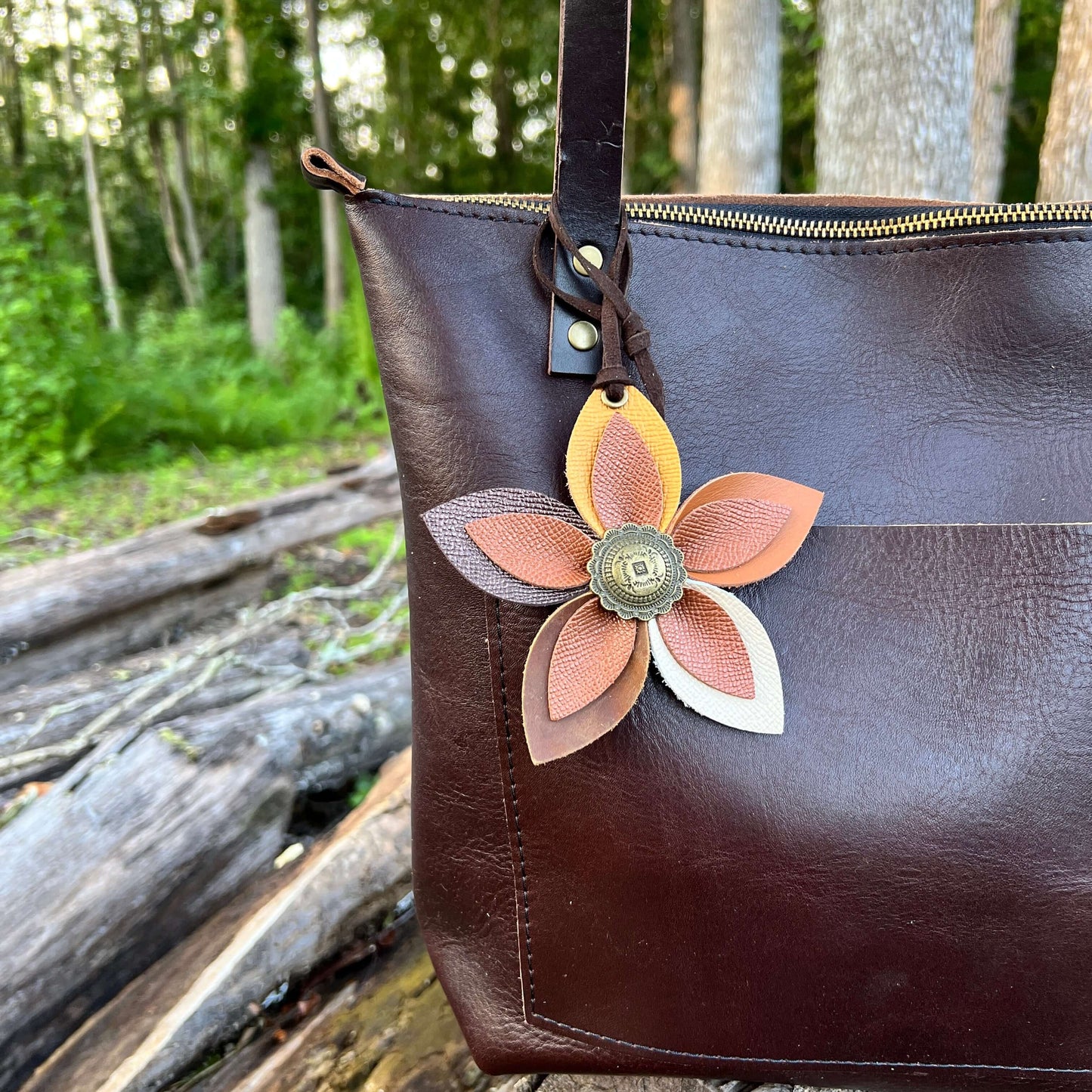 Leather Flower Bag Charm - Large Flower with Loop - Multi with BrownLeather purse charms are a great way to update your handbag, purse or tote. Each flower is crafted with leather petals securely sewn and glued together and accented with buttons in the ce