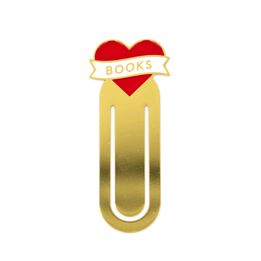 Gold bookmark with a red heart and 'BOOKS' text on a white background