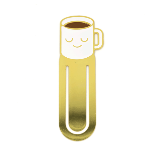 Gold paper clip bookmark shaped like a coffee cup with a face on a white background